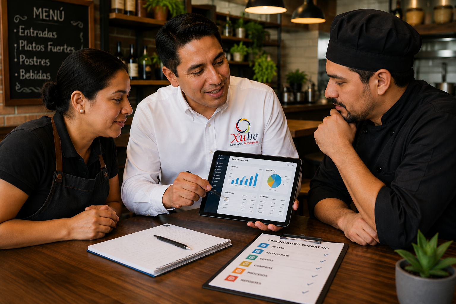 Consultor XUBE realizando diagnóstico operativo a restaurante